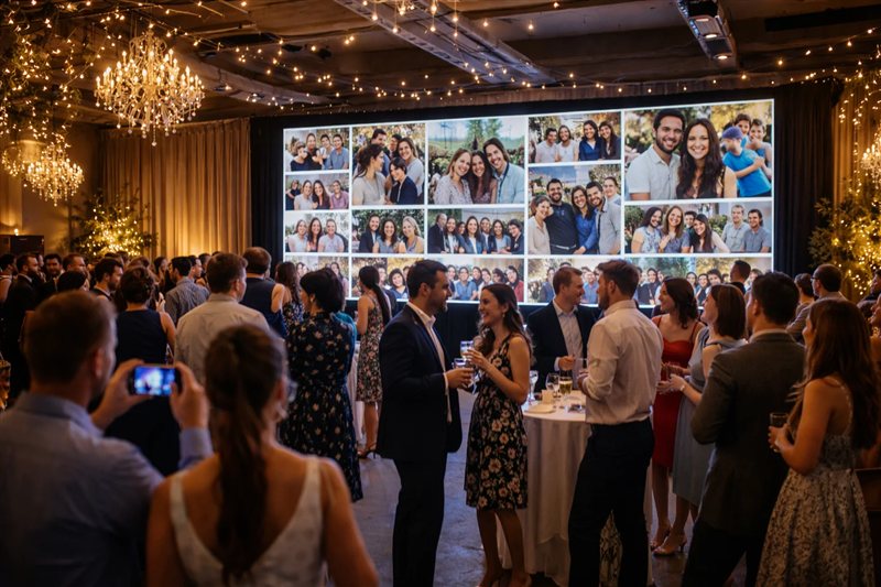 Event hall with a large screen showing a collage of fresh photo booth pictures