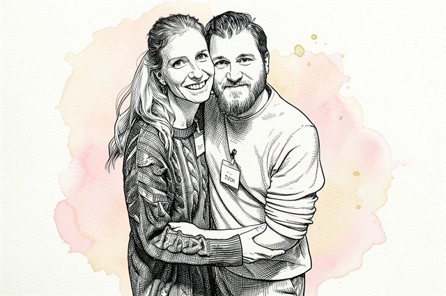 Couple as an ink drawing with a delicate watercolour background