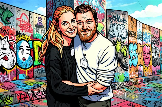 Couple in East Side Gallery look with Berlin Wall art