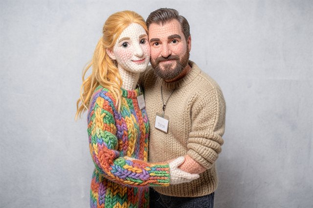 Couple as knitted wool figures with knitted jumpers and wool faces